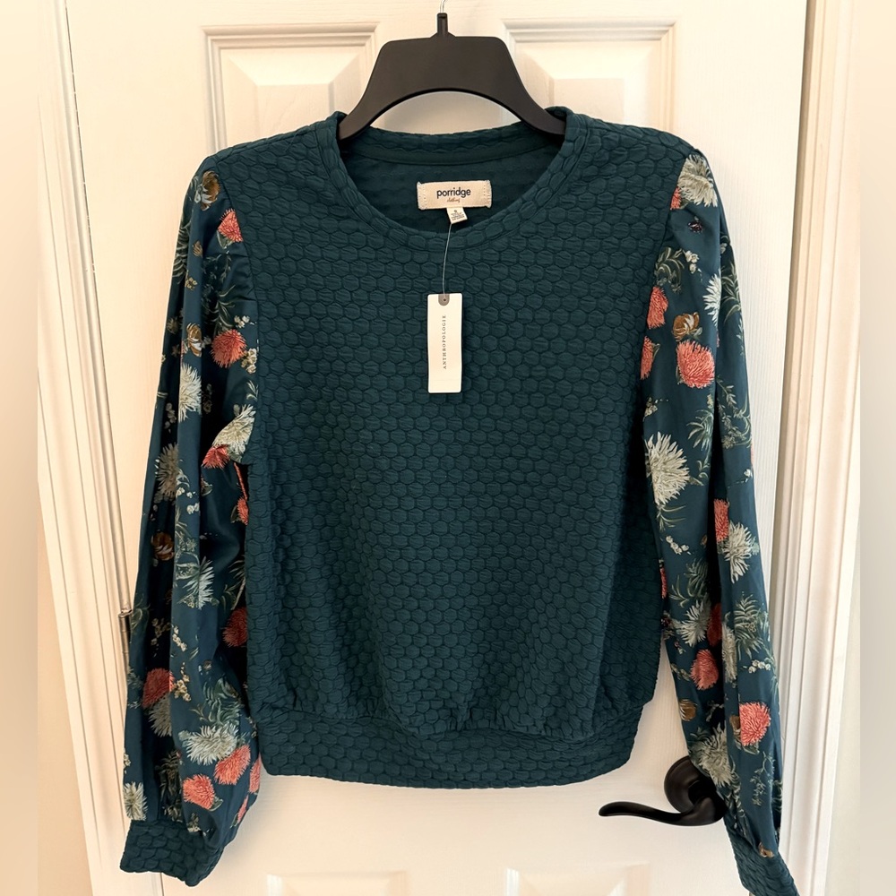 Anthropologie Teal Textured Sweatshirt with Floral Sleeves